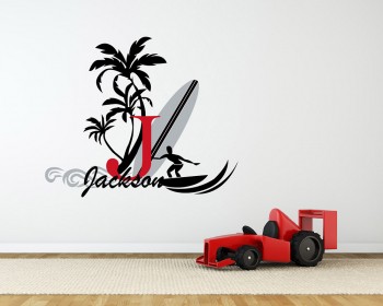 Surfer Dude Name Decal Vintage Style Monogram - Personalized - Teen decor with surfboard palm trees and wave Surfer Dude Name Decal Vintage Style Monogram - Personalized - Teen decor with surfboard palm trees and wave